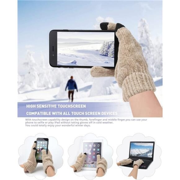 Women's Winter Knit Beanie, Scarf & Touchscreen Gloves Set- Unisex Warmth, Beige - Picture 3 of 7